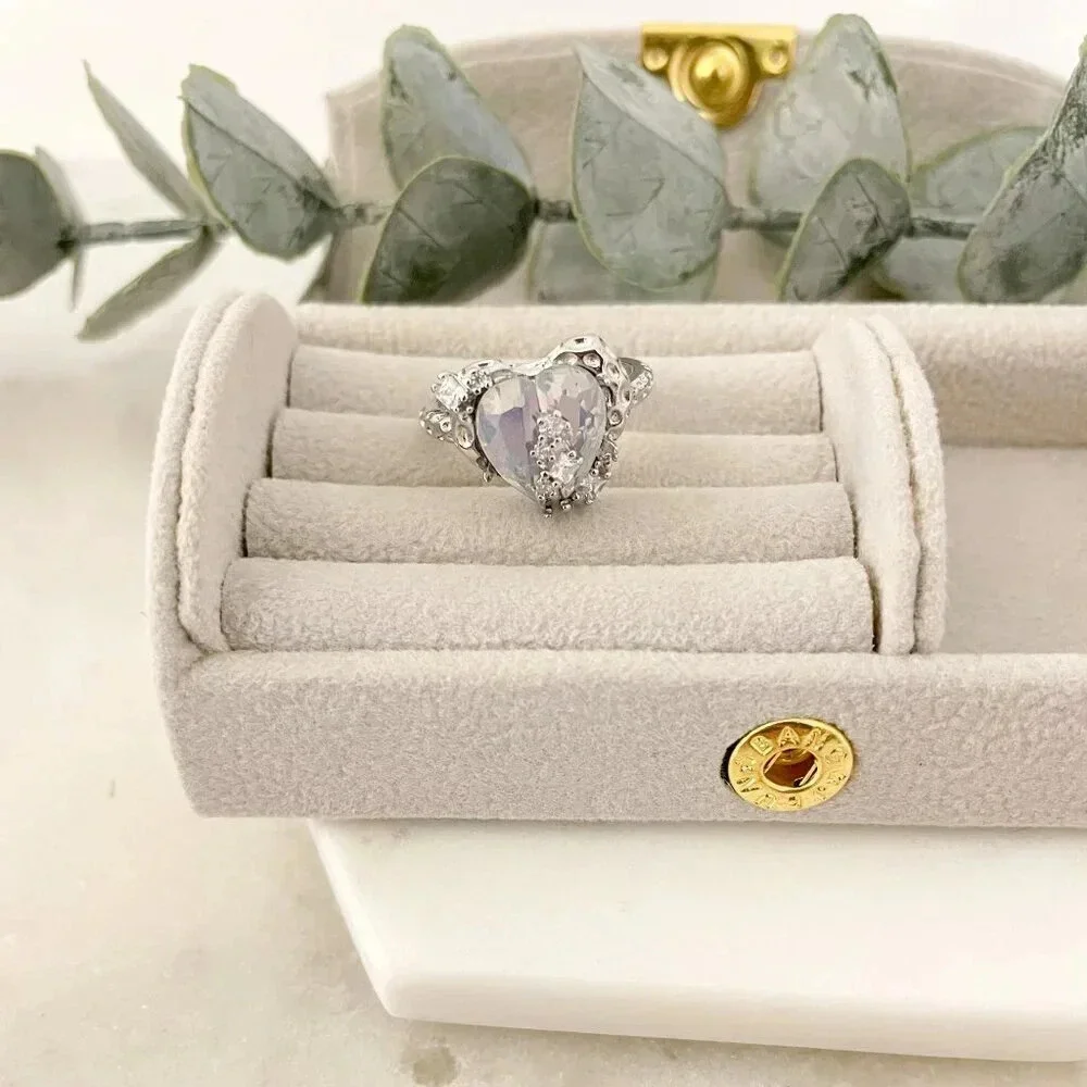 925 Sterling Silver Crystal Heart Ring Geometric Modern Heart Ring Adjustable - Picture 4 of 11